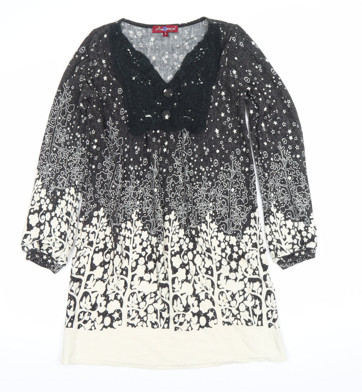 Uttam London Womens Black Floral Knit Shift Dress Size S Long Sleeve
