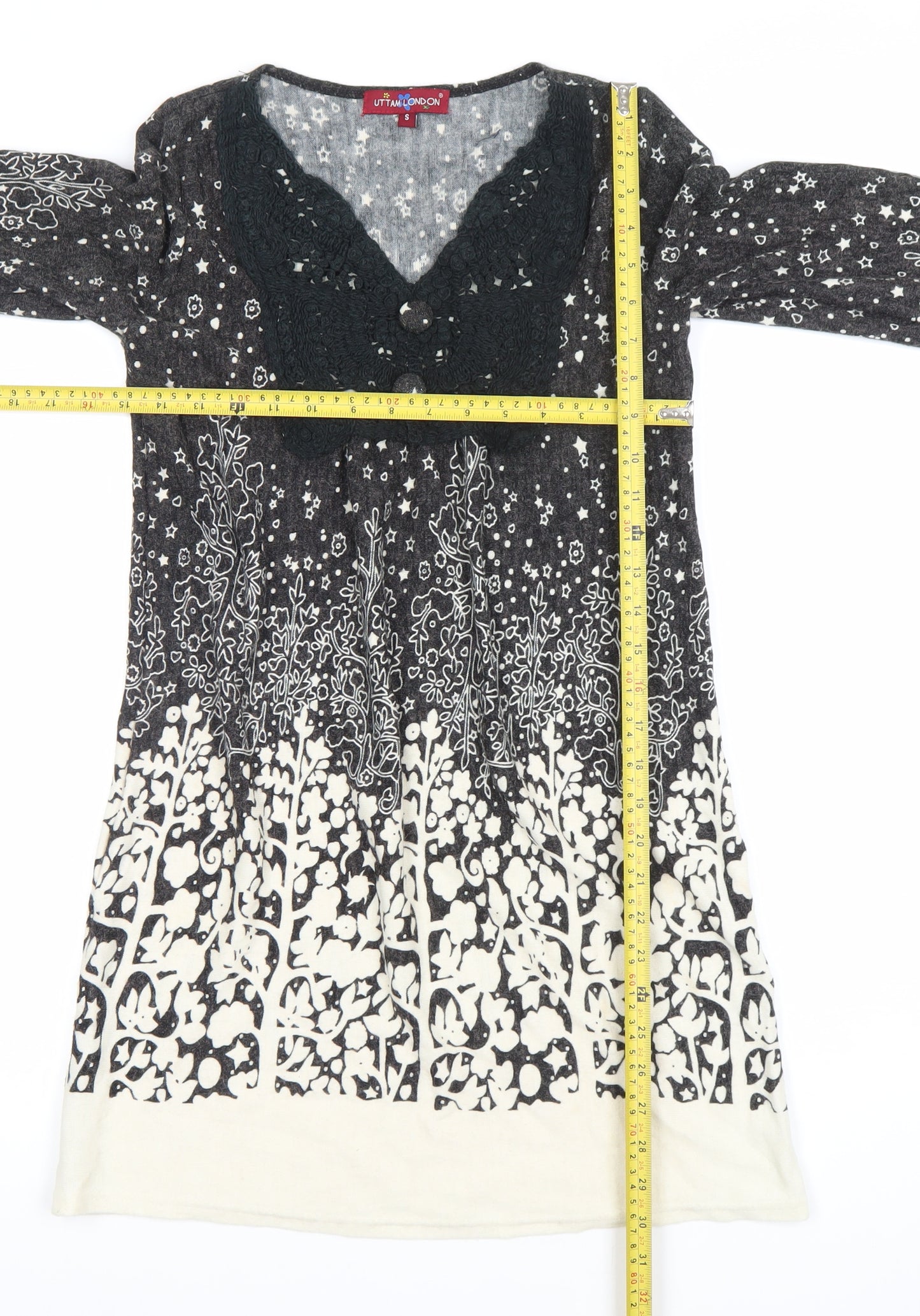 Uttam London Womens Black Floral Knit Shift Dress Size S Long Sleeve