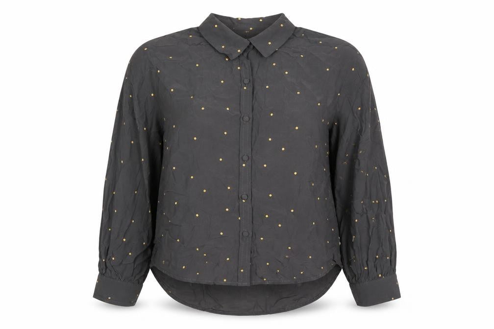 Front view of Levi's Women's Black Polka Dot Button-Up Shirt, size S, Long Sleeve