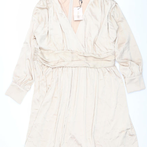 Missguided Plus Beige Wrap Dress UK 22 Women’s Knee Length Pleated V-Neck