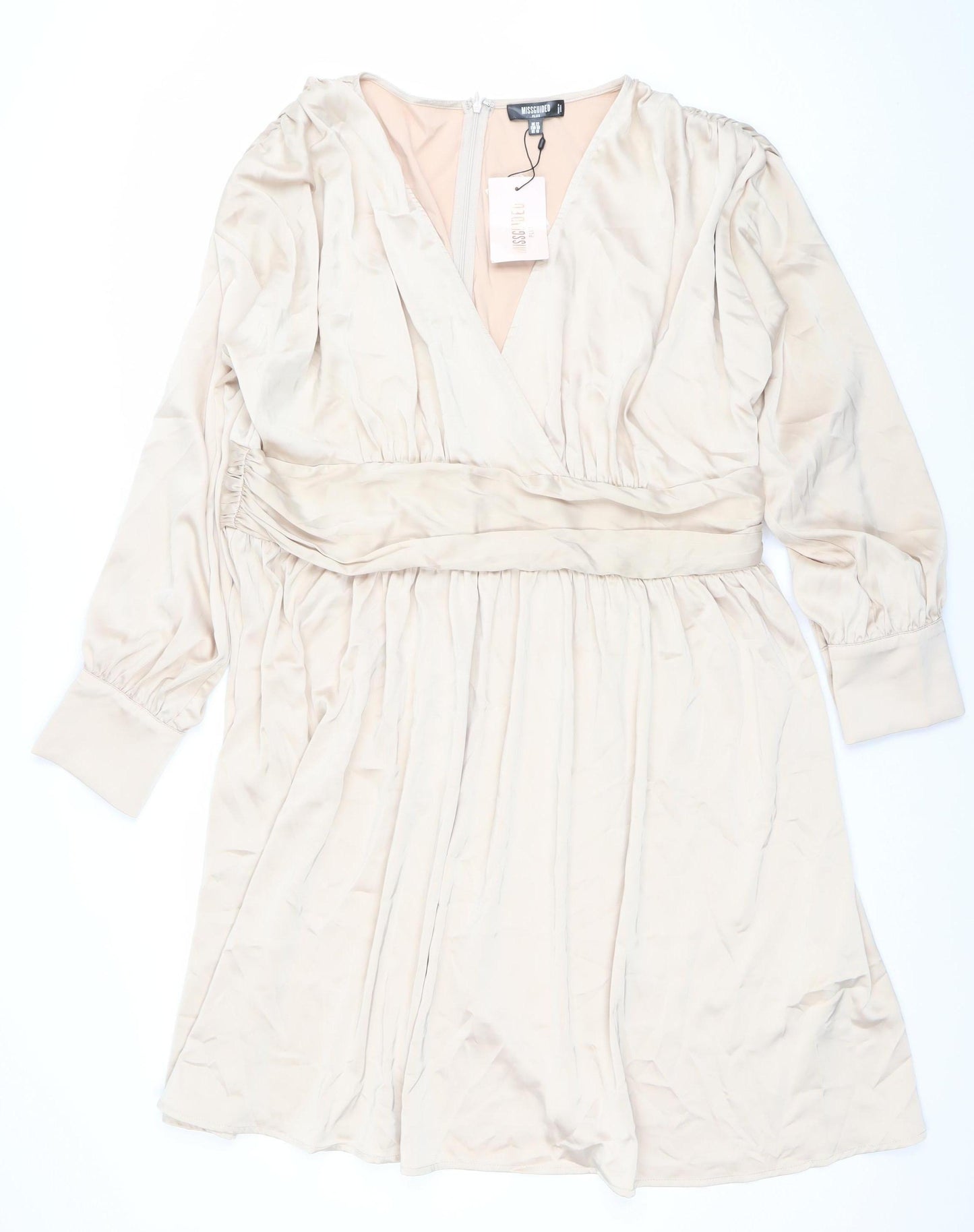 Missguided Plus Beige Wrap Dress UK 22 Women’s Knee Length Pleated V-Neck