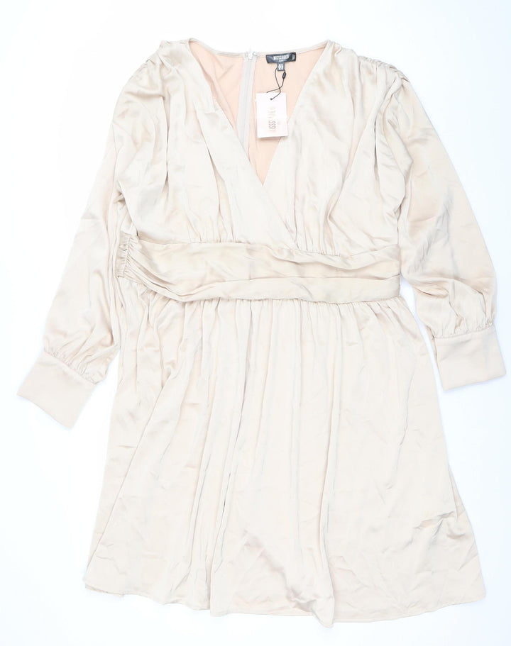 Missguided Plus Beige Wrap Dress UK 22 Women’s Knee Length Pleated V-Neck