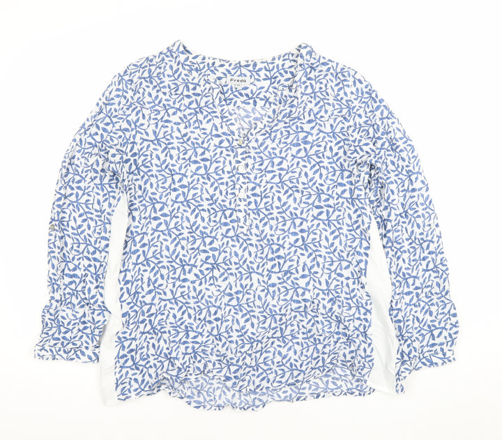 Freda Womens Blue Floral Cotton Long Sleeve Tunic Blouse Size 15