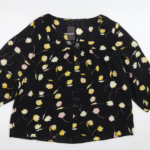 George Women’s Black Floral Blouse Size 16 Puff Sleeve Tunic