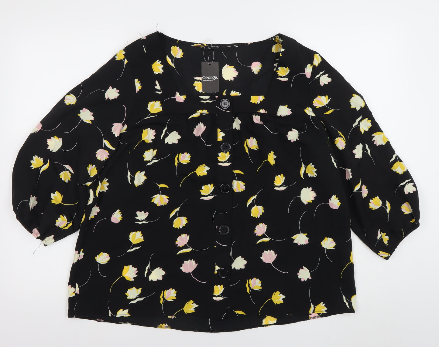 George Women’s Black Floral Blouse Size 16 Puff Sleeve Tunic