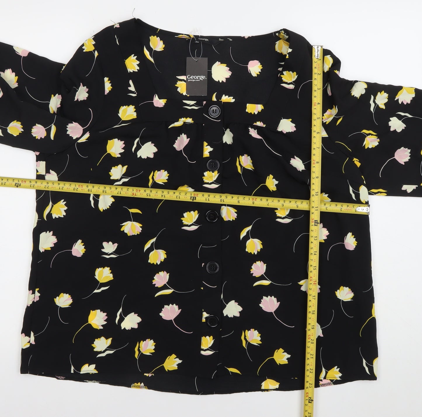George Women’s Black Floral Blouse Size 16 Puff Sleeve Tunic
