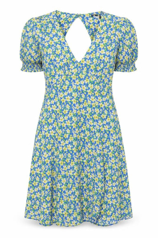 Front view of New Look Women's Blue Floral Puff Sleeve Wrap Dress, size 8