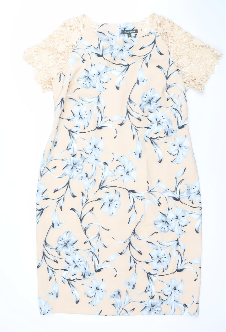 Bonmarche Women’s Beige Blue Floral Lace Knee Length Sheath Dress Size 18