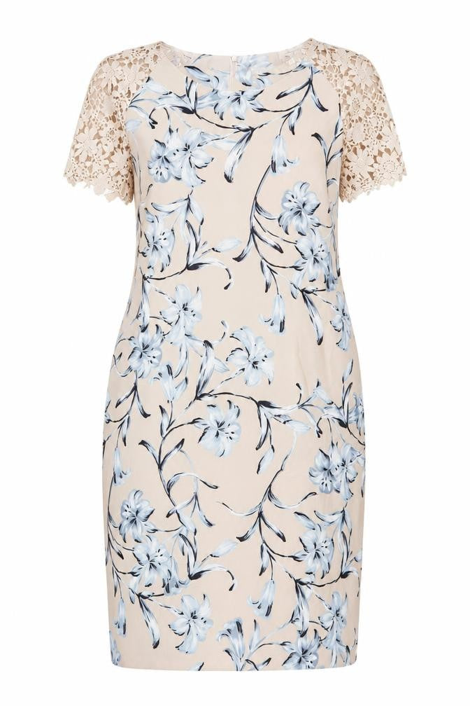 Bonmarche Women’s Beige Blue Floral Lace Knee Length Sheath Dress Size 18