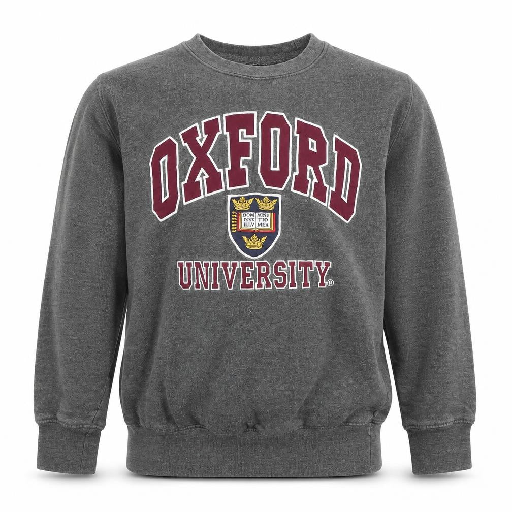 Front view of Oxford University boys’ grey xs pullover sweatshirt logo crew neck