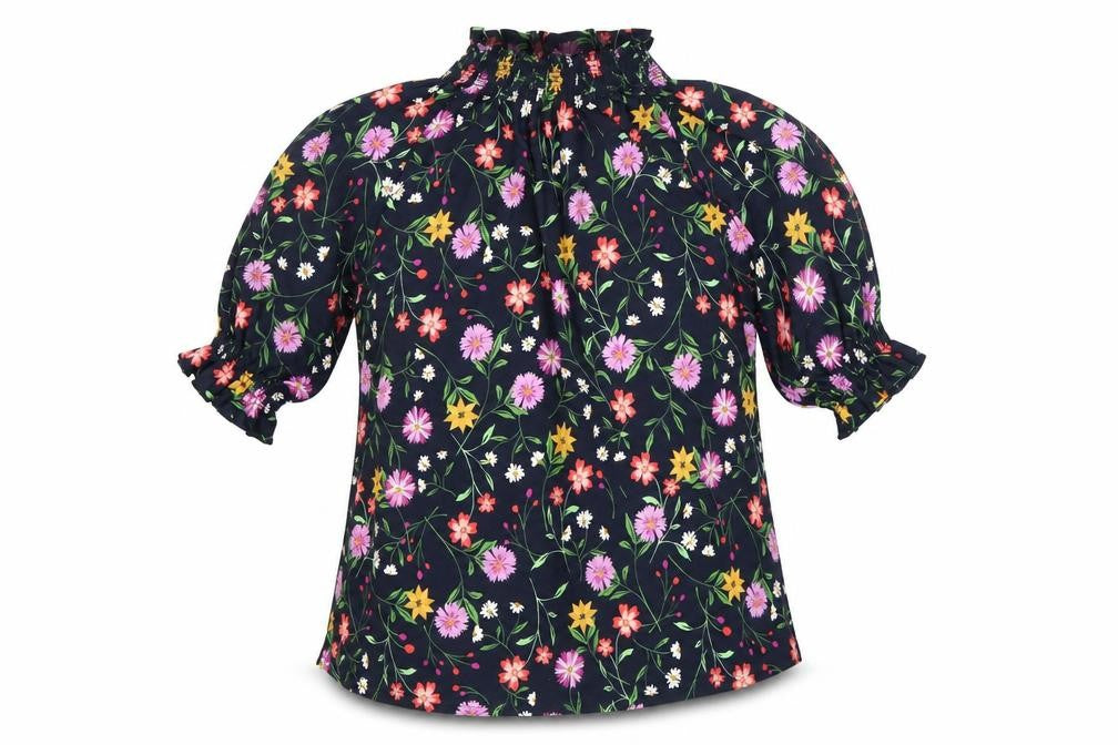 Front view of Pebble Bay women’s multicoloured floral blouse, size UK 12, tunic top