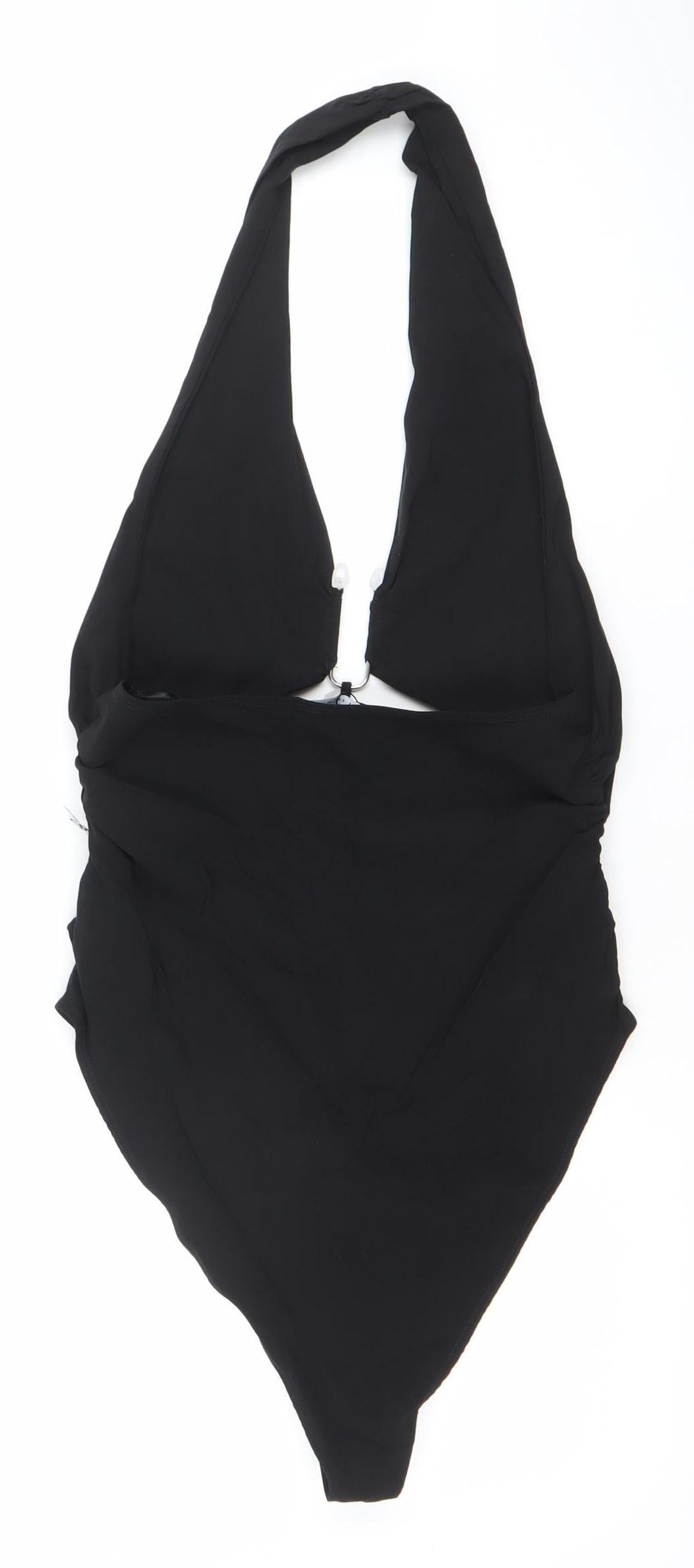 Zara Women Black Halter Bodysuit L Slim Fit Polyester Elastane