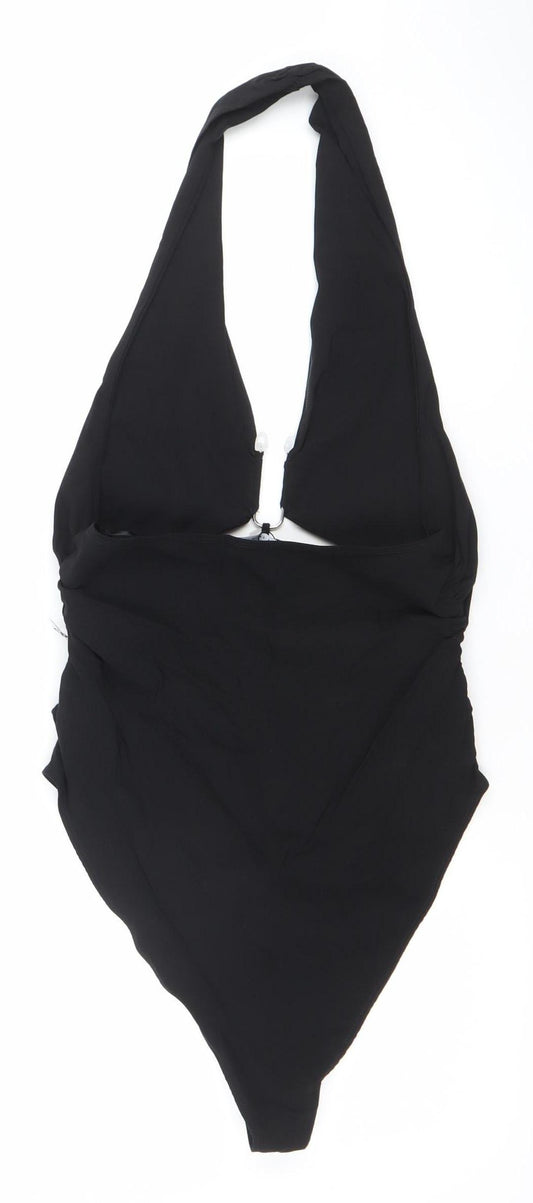 Zara Women Black Halter Bodysuit L Slim Fit Polyester Elastane