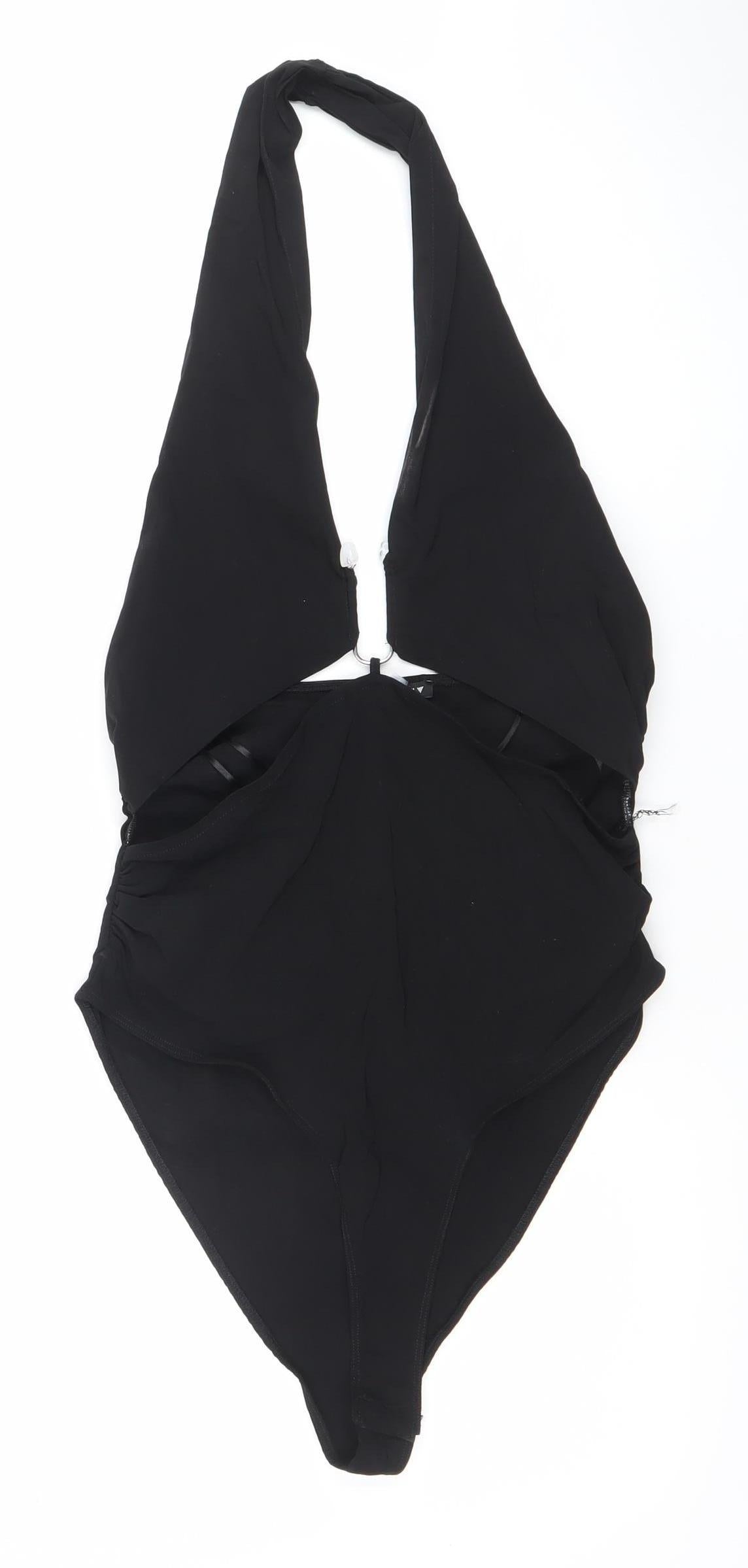 Zara Women Black Halter Bodysuit L Slim Fit Polyester Elastane