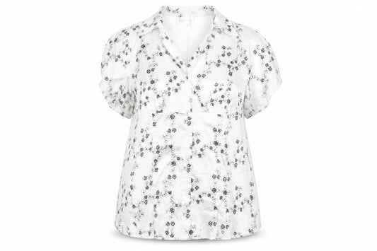 Front view of Evans women’s white floral satin button-up blouse, size UK 22
