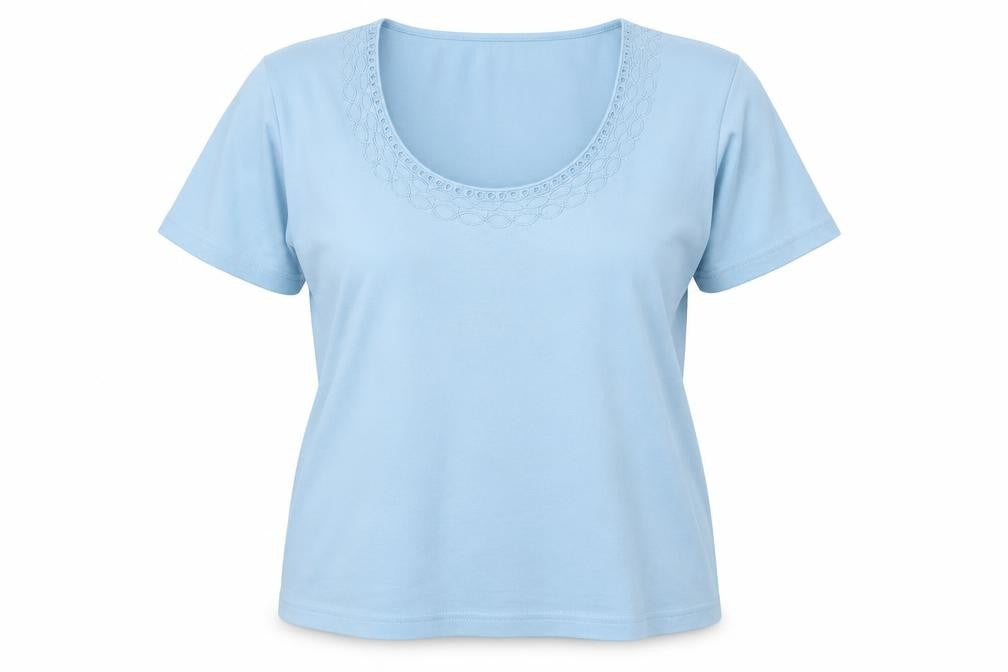 Eastex Women’s Blue Cotton Embroidered Scoop Neck T-Shirt UK 16