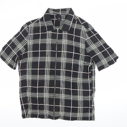 River Island Men’s Black Check Collared Short Sleeve Zip Shirt M