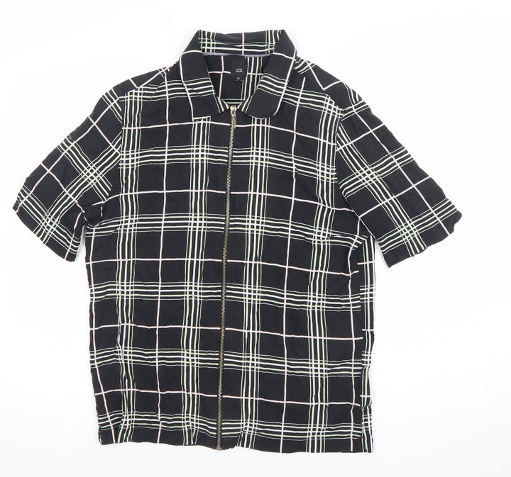 River Island Men’s Black Check Collared Short Sleeve Zip Shirt M