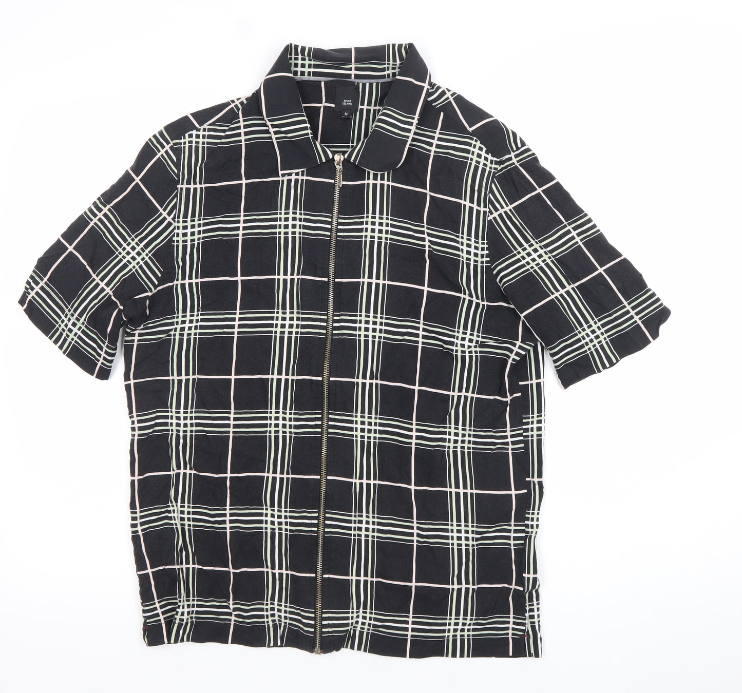 River Island Men’s Black Check Collared Short Sleeve Zip Shirt M