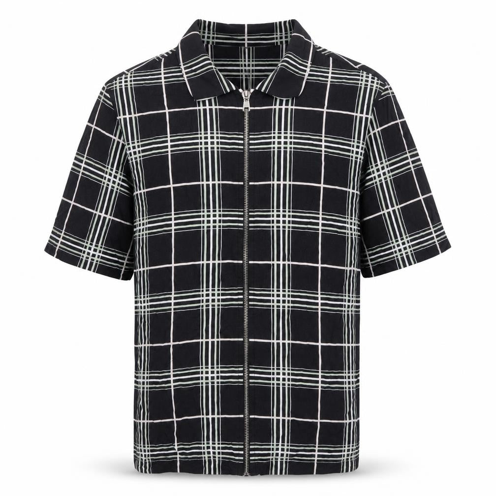 Front view of River Island Men’s Black Check Collared Short Sleeve Zip Shirt M