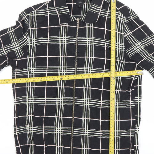 River Island Men’s Black Check Collared Short Sleeve Zip Shirt M