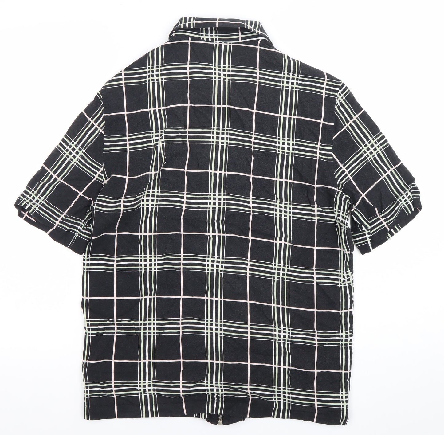 River Island Men’s Black Check Collared Short Sleeve Zip Shirt M