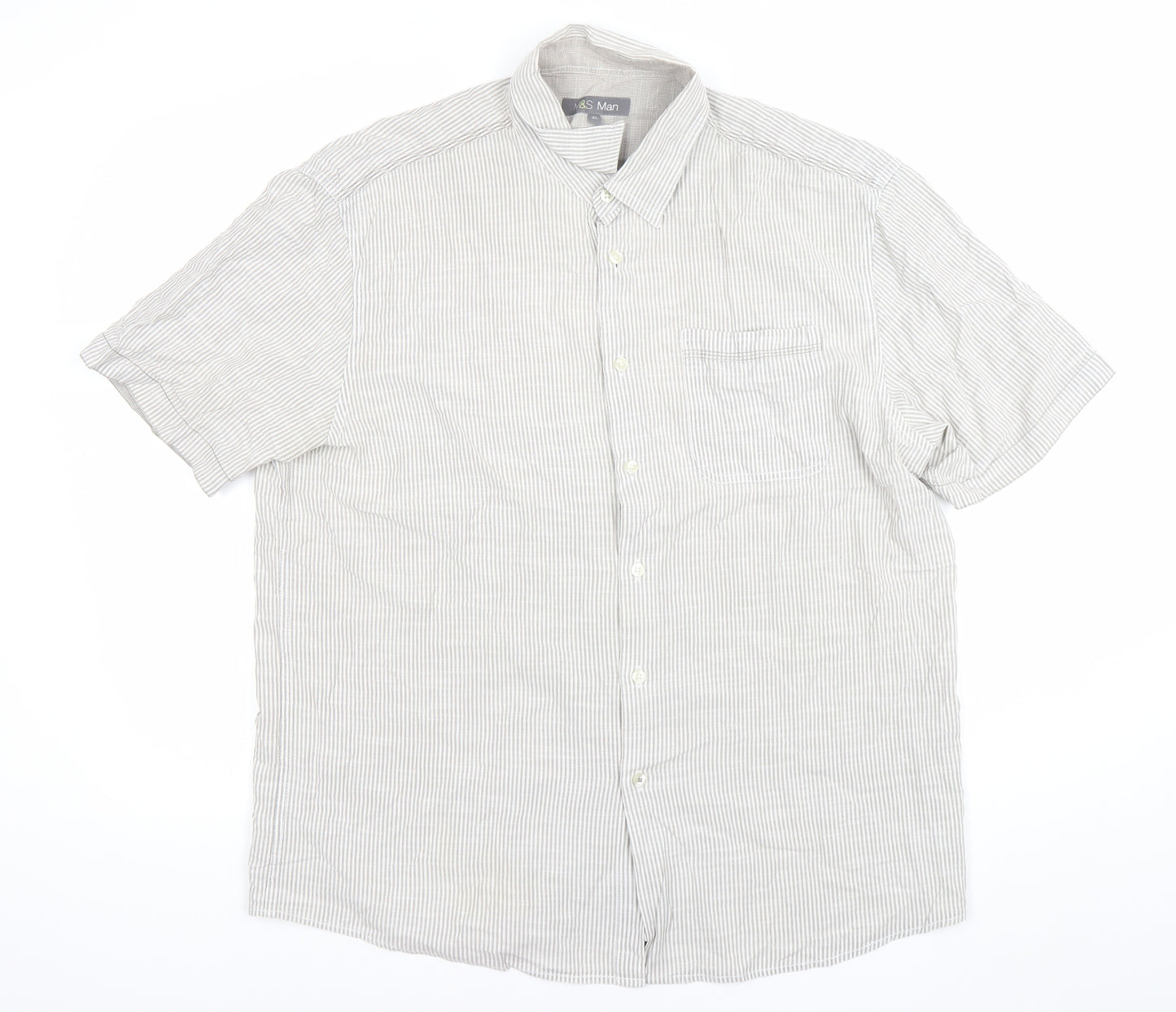 Marks and Spencer Mens Grey XL Striped Cotton Button-Up Shirt