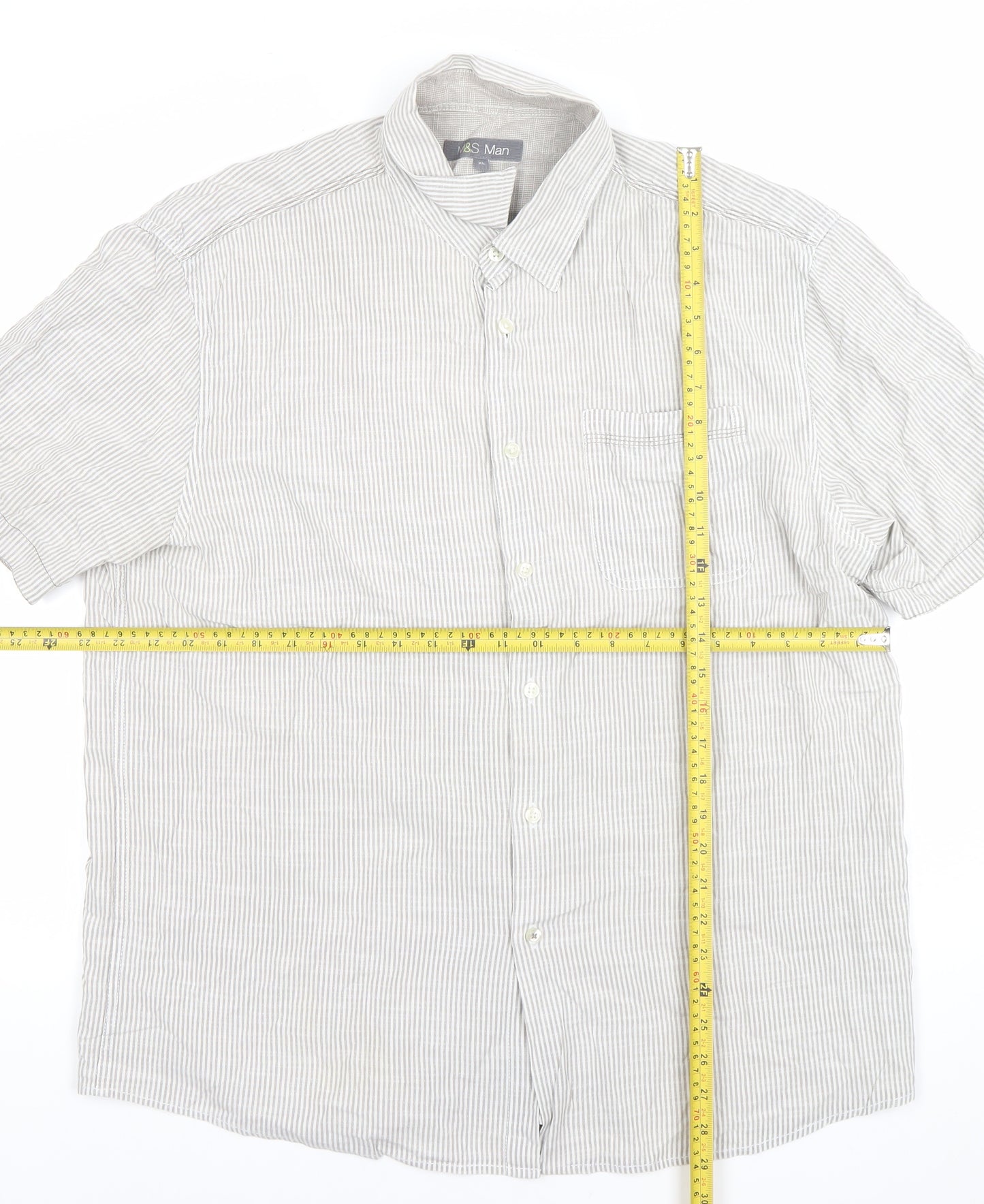 Marks and Spencer Mens Grey XL Striped Cotton Button-Up Shirt