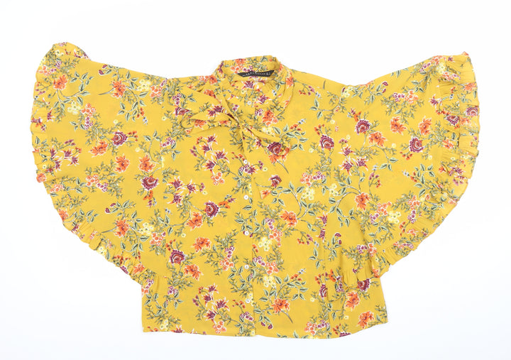 Zara Women Yellow Floral Kimono Blouse Size 8 Tunic Style