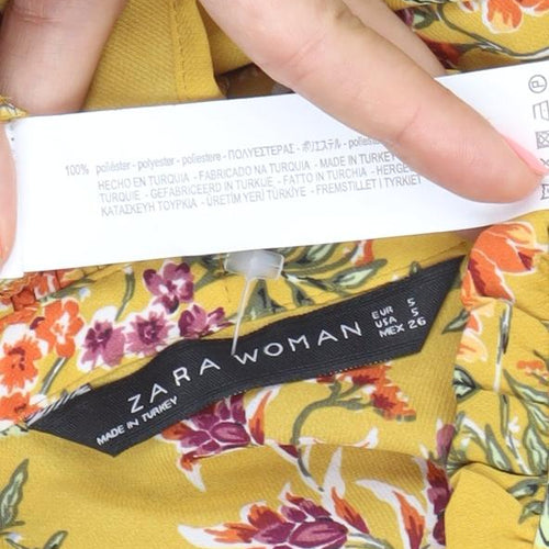 Zara Women Yellow Floral Kimono Blouse Size 8 Tunic Style