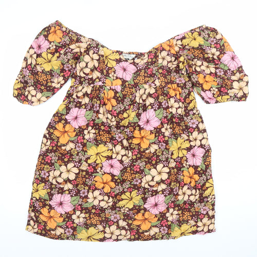 Miss Selfridge Women’s Multi Floral Knee Dress Size 12 Skater Puff Sleeve