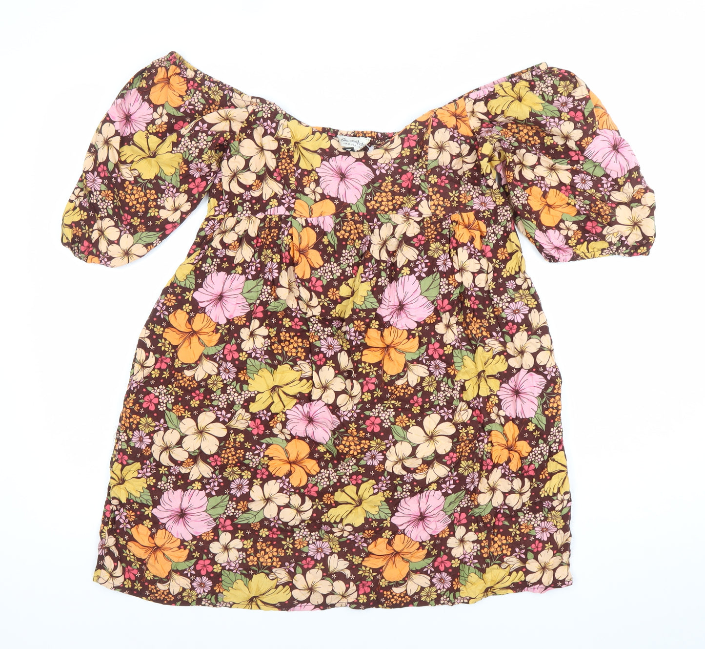 Miss Selfridge Women’s Multi Floral Knee Dress Size 12 Skater Puff Sleeve