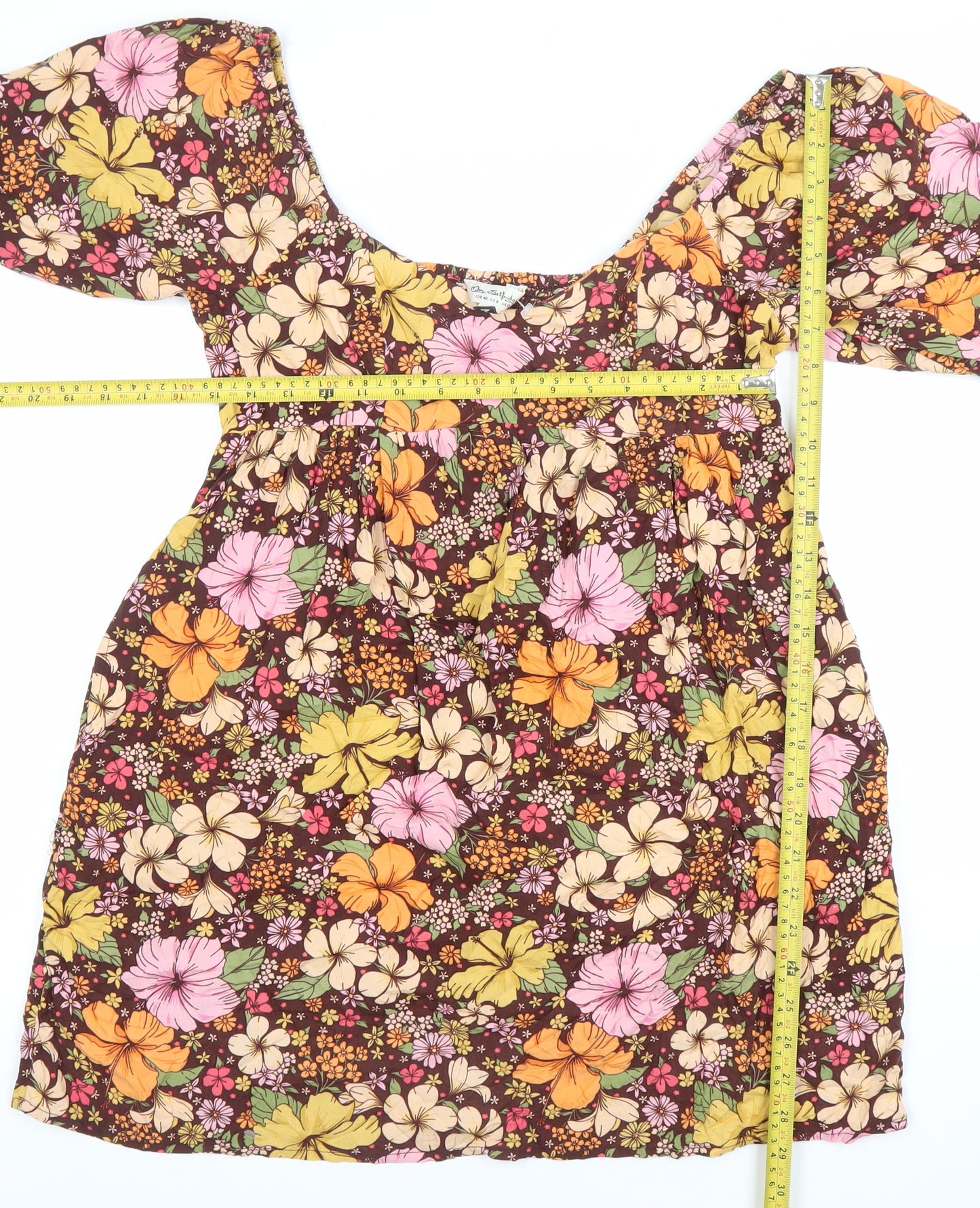 Miss Selfridge Women’s Multi Floral Knee Dress Size 12 Skater Puff Sleeve