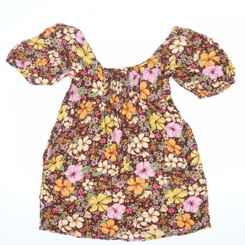 Miss Selfridge Women’s Multi Floral Knee Dress Size 12 Skater Puff Sleeve