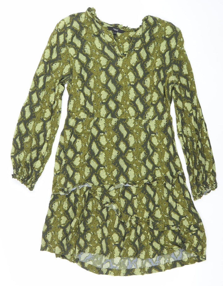 Next Women’s Green Animal Print Mini Shift Dress UK 10 Long Sleeve