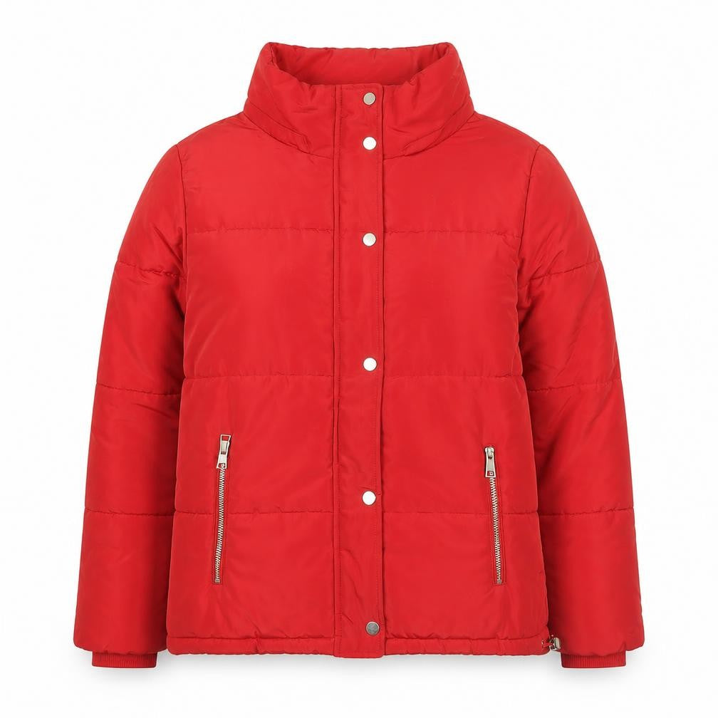 Front view of F&F women’s red, size UK 10, puffer jacket winter coat