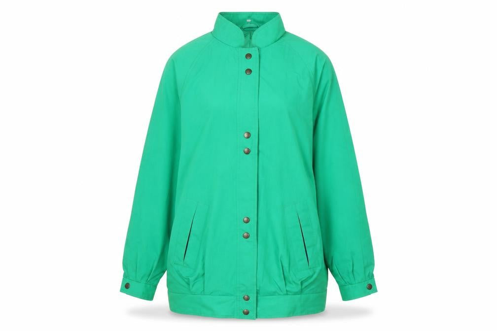 Front view of Sintoball women’s green cotton basic jacket, size UK 12, casual