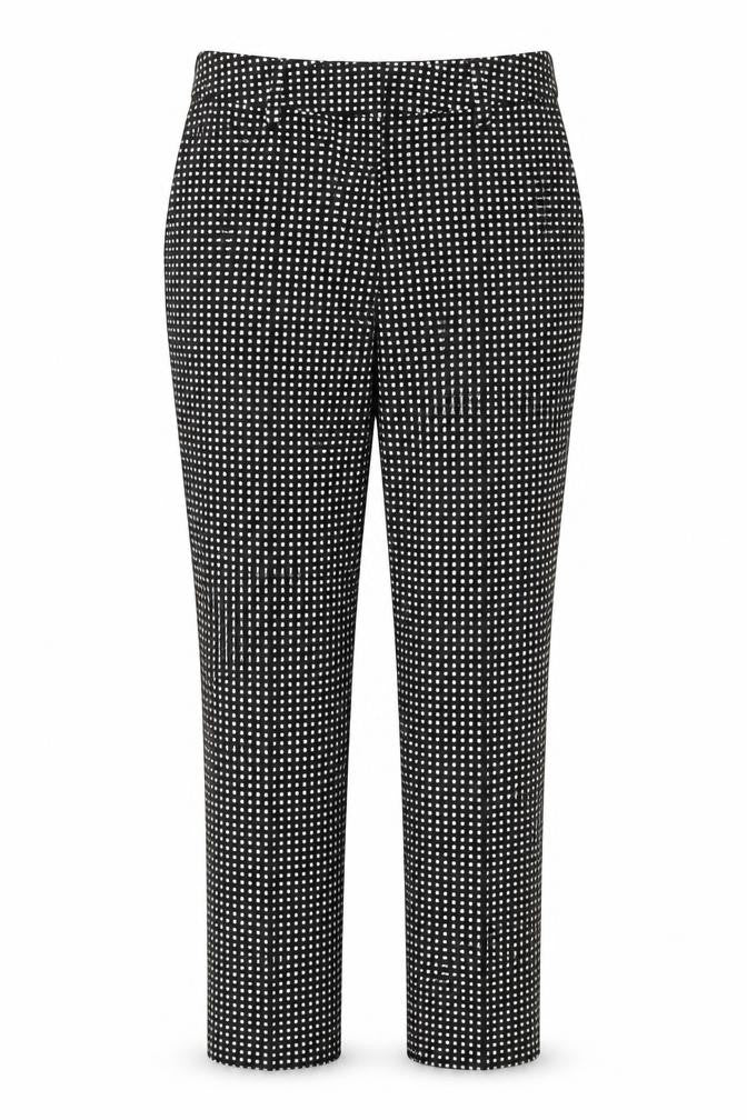 Front view of Next women’s black slim fit check trousers, size UK 8l, cotton blend