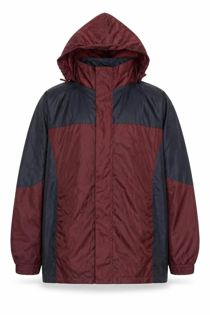 Front view of Cotton Traders men’s burgundy windbreaker jacket l hooded polyester