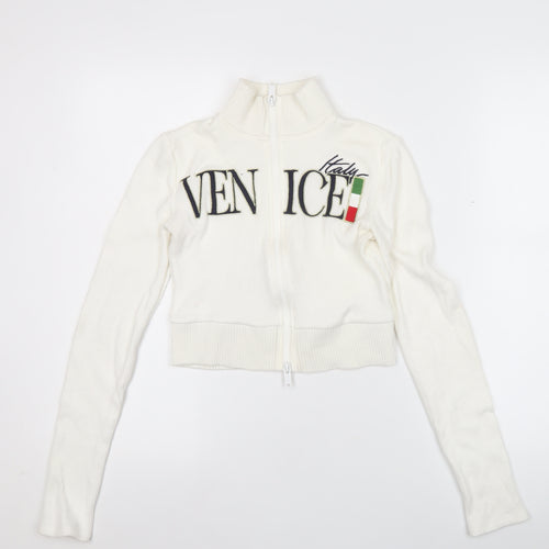 Bershka Women’s White Full Zip Venice Italy Jumper Size S