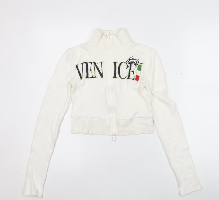Bershka Women’s White Full Zip Venice Italy Jumper Size S