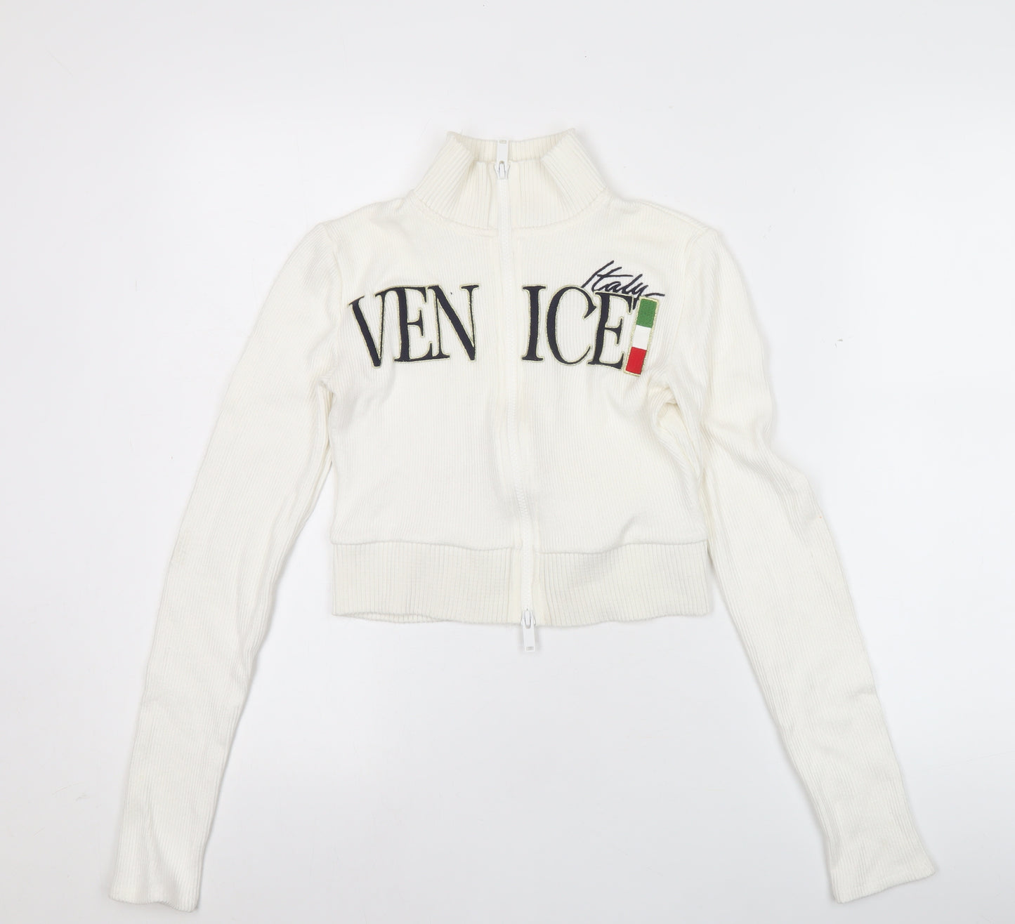 Bershka Women’s White Full Zip Venice Italy Jumper Size S