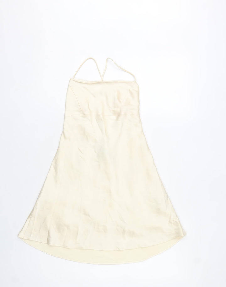 Zara Womens Ivory XS Slip Dress Strappy Lace Up Back Midi
