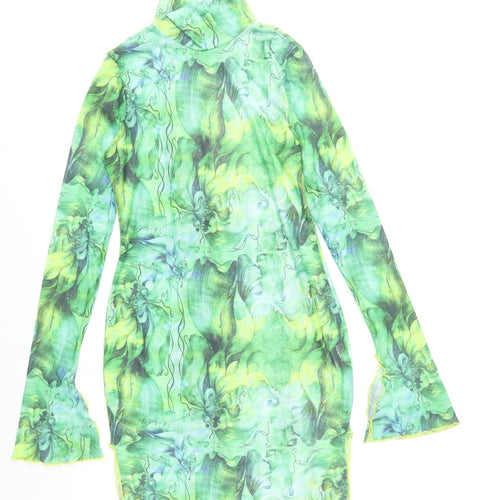 Shein Women Green Floral Bodycon Mini Dress Size 14 Roll Neck Long Sleeve
