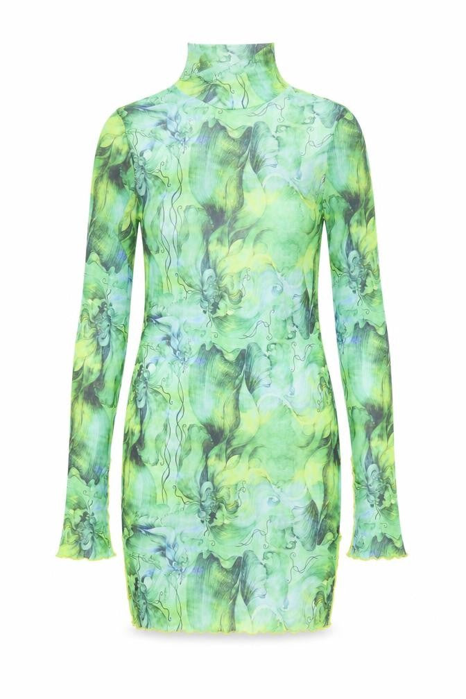 Shein Women Green Floral Bodycon Mini Dress Size 14 Roll Neck Long Sleeve