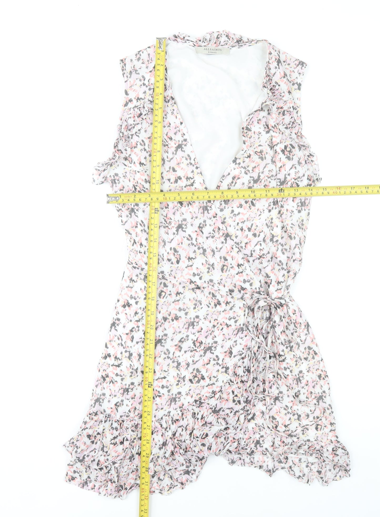 AllSaints Women’s Multicoloured XS Floral Wrap Dress Sleeveless Ruffle