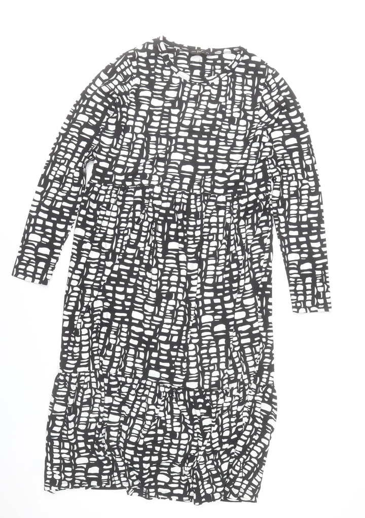 F&F Women’s Black White Midi Shift Dress Size 12 Long Sleeve Geometric