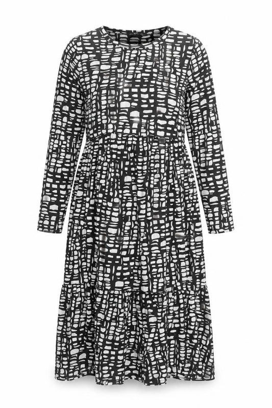 Front view of F&F Women’s Black White Midi Shift Dress, size UK 12, Long Sleeve Geometric
