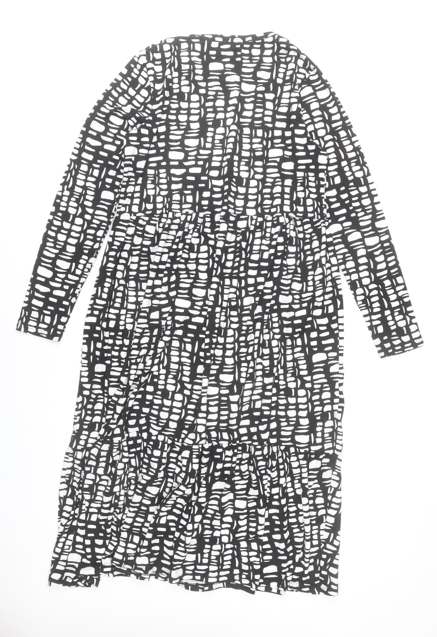 F&F Women’s Black White Midi Shift Dress Size 12 Long Sleeve Geometric