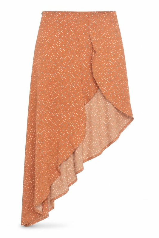 Front view of PRETTYLITTLETHING Women’s Brown Polka Dot Wrap Midi Skirt, size UK 8